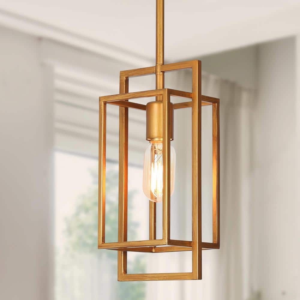 1-Light Vintage Brushed Gold Island Pendant Modern Geometric Brass Foyer Light